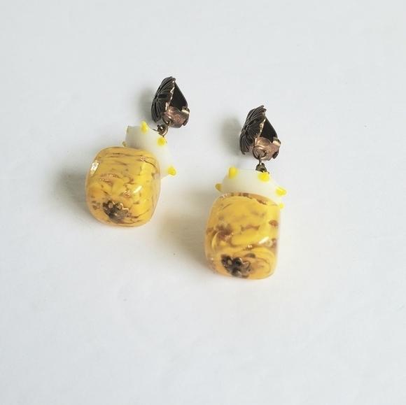 Vintage Blown Glass Clip-On Earrings Yellow White Italian Beads Bronze 60s - Picture 8 of 9